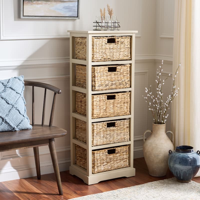 SAFAVIEH Faith Distressed Black 5-Drawer Wicker Basket Storage Tower - 17.3" x 13.4" x 46.1" - 17"W x 13"D x 46"H