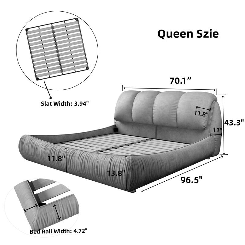 Queen Size Upholstered Platform Bed with Cushioned Headboard - Sturdy Solid Wood Frame.