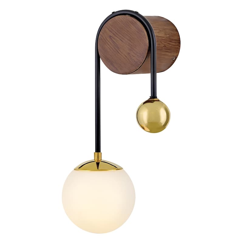 Lark 83570 Auggie 1 Light 18" Tall Wall Sconce with Etched Opal Glass - Bright Brass / Walnut