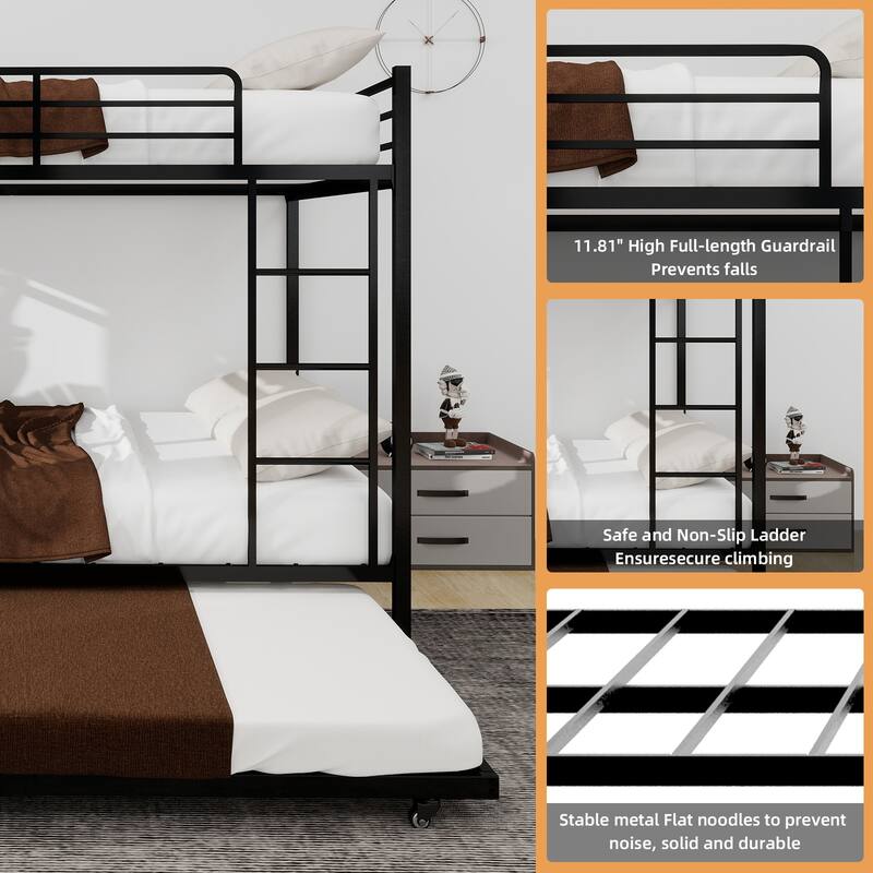 Modern Minimalist Iron Bunk Bed with Safety Rails, Trundle, and Easy Assembly for Kids, Guests, or Shared Spaces