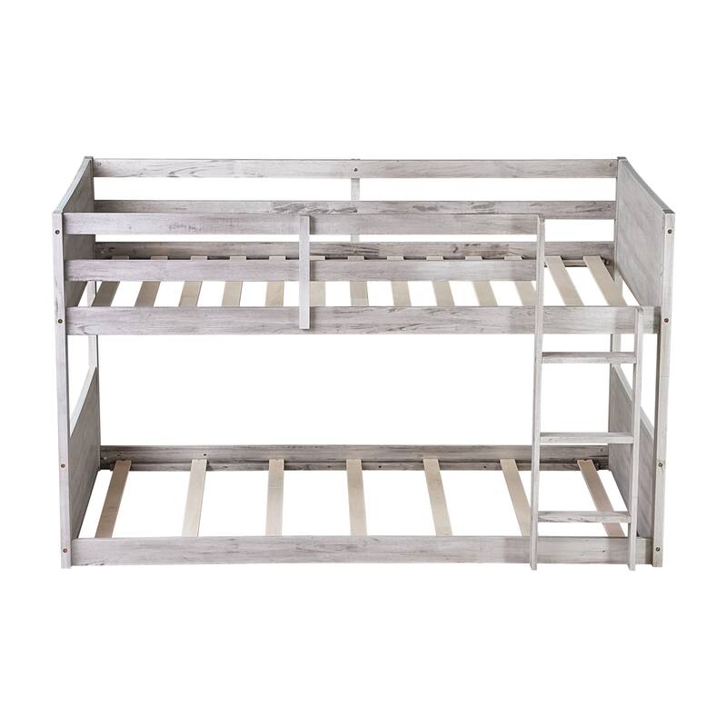 Twin over Twin Floor Bunk Bed w/ Headboard,Footboard,Safety Guardrails