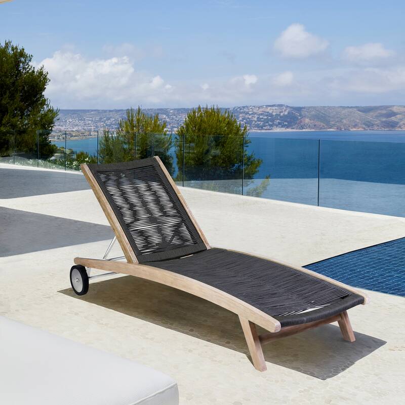 Chateau Solid Eucalyptus Wood and Rope Outdoor Patio Adjustable Chairs Lounge Chair with Wheels