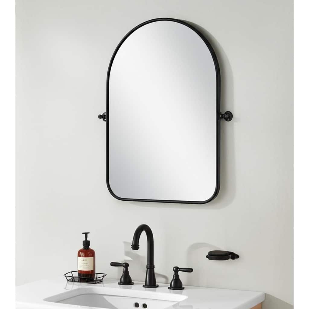 HomeRoots 32" Black Iron Arch Tilting Framed Bathroom Vanity Mirror - 23.00 in. x 32.00 in. x 1.57 in.
