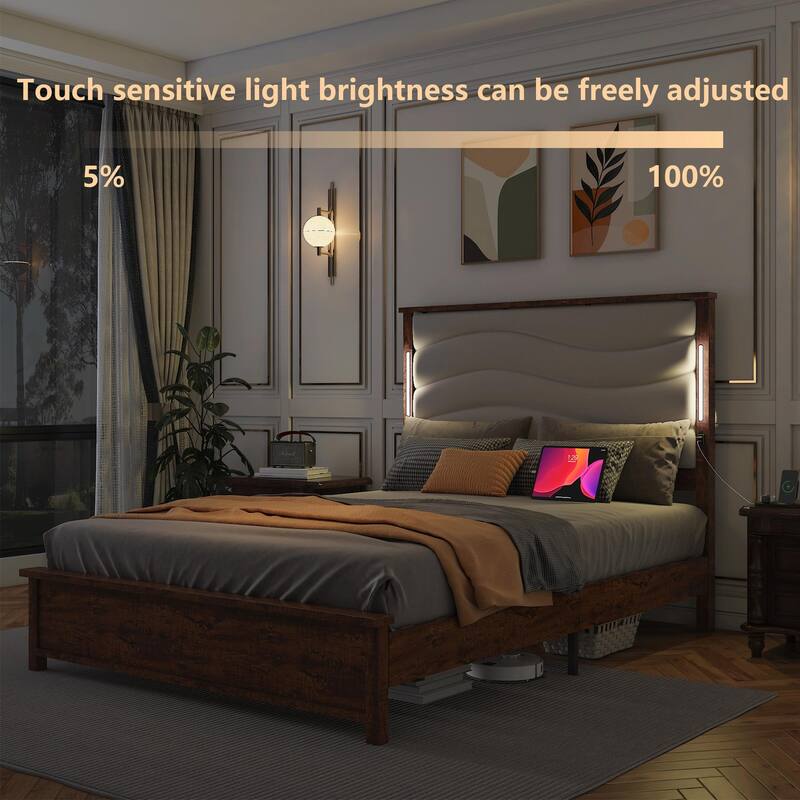 Bed Frame with Upholstered Headboard, Charging Station, and LED Lights
