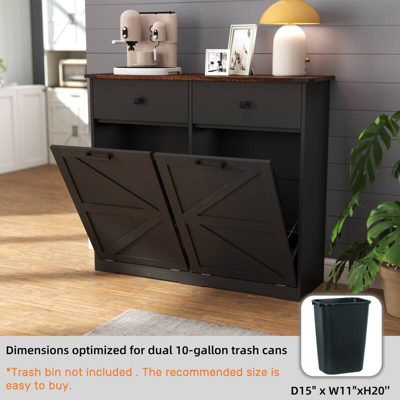 Farmhouse Double Tilt Out Trash Cabinet, Free Standing Recycling Cabinet with Hideaway Drawer, Barn Door Laundry Sorter Cabinet