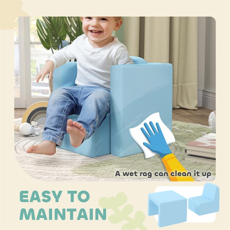 2-in-1 Kids Convertible Table and Chair Set Light Blue Foam Armchair Activity Furniture for Toddlers - 18.9"L x 13"W x 15"H