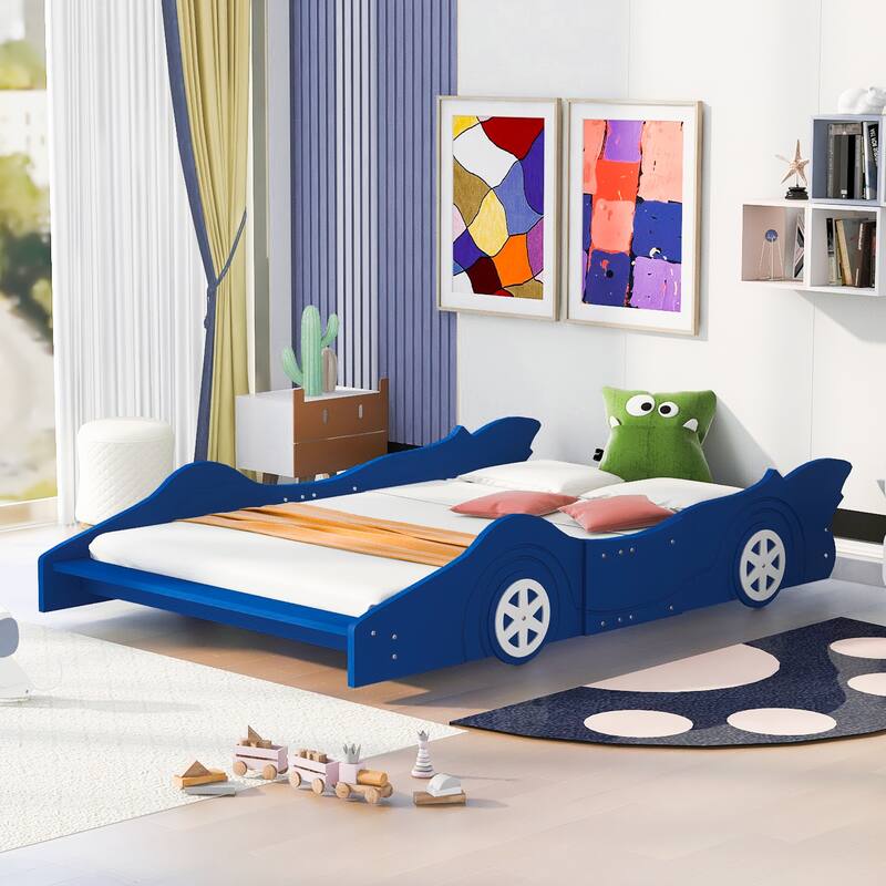 Full Size Race Car Platform Bed with Wheels in Blue - Blue