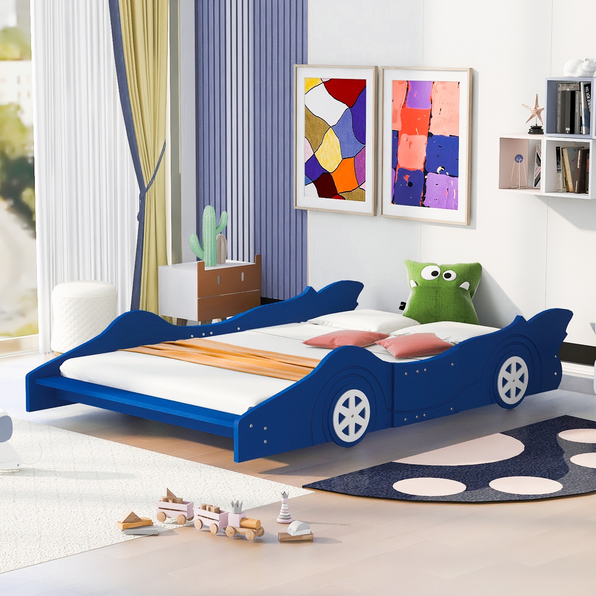 Full Size Race Car Shaped Platform Bed Frame for Kids with Wheels Trim Blue