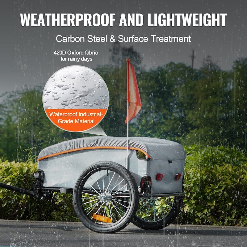 Grey Steel Bike Cargo Trailer, 100lb Load, Foldable and Rain Cover - 53.15” L x 24.80” W x 20.67” H