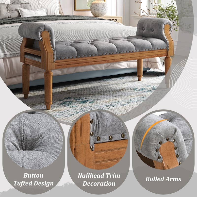 Christopher Knight Home - Mid-Century Solid Rubberwood Upholstered Bench with Rolled Arms, Button-Tufted Cushion & Nailhead Trim