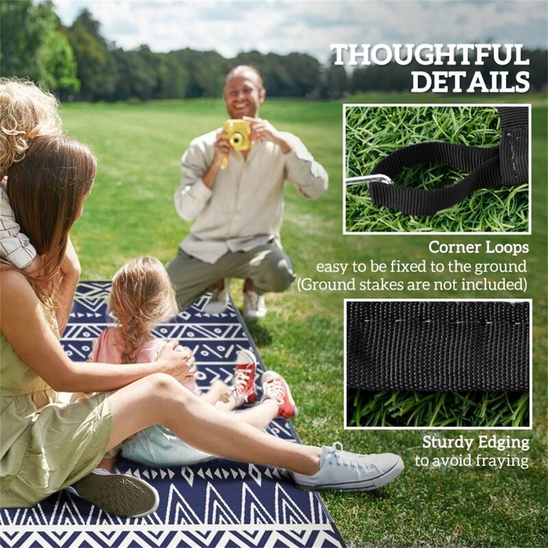Reversible Outdoor Rug Blue White Geometric UV Protected Foldable Camping RV Patio Picnic Mat - 120.1" L x 95.7" W