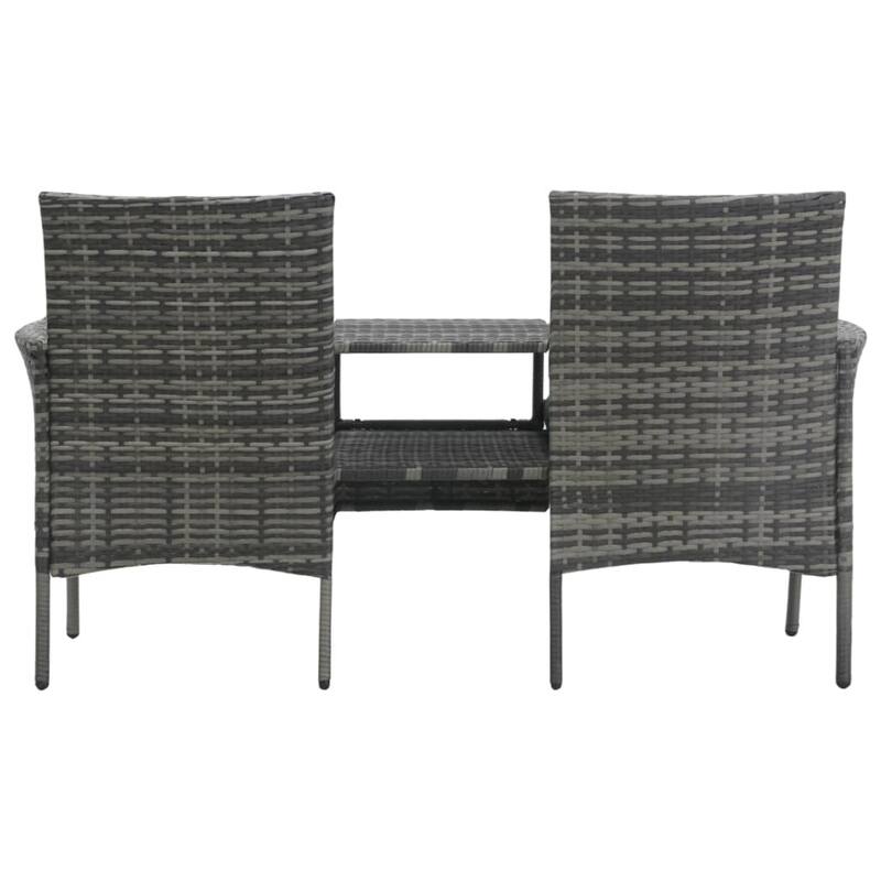 Garden Bench with Center Tea Table, Anthracite Gray Wicker Rattan, 60 Inch