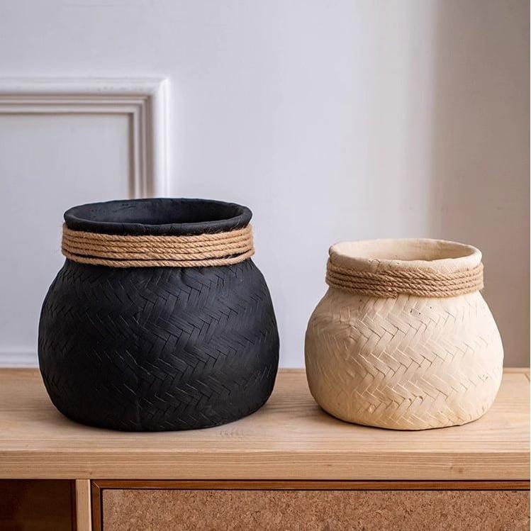 RusticReach Faux Bamboo Woven Cement Planter