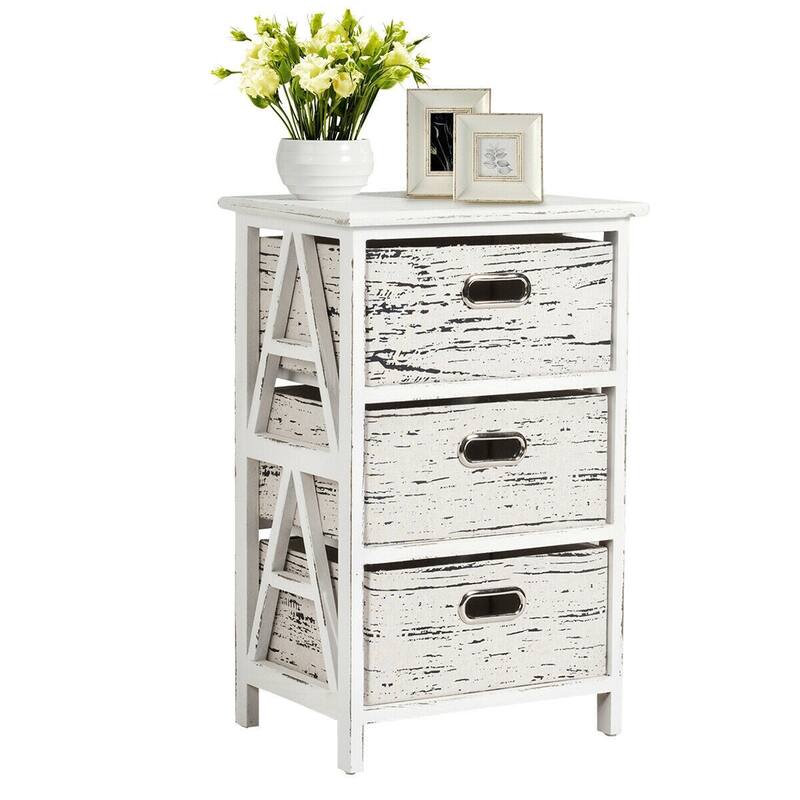 Vintage Wood Frame End Table Chest with 3 Fabric Drawers - 16" x 12" x 24.5" (L x W x H)
