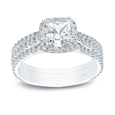 Auriya 14k Gold 2 1/6ctw Cushion Cut Halo Diamond Engagement Ring Set Certified