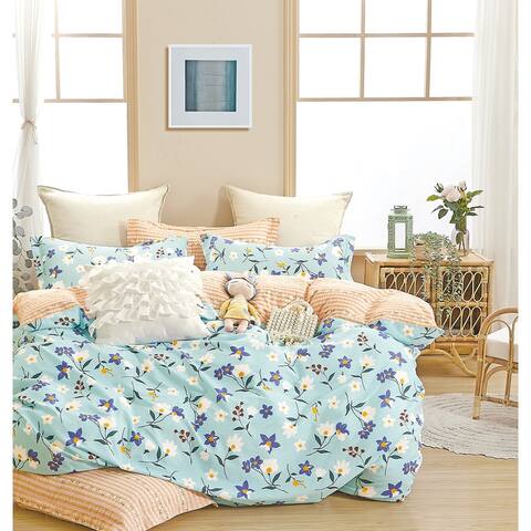 Lainee Blue/Yellow Floral 100% Cotton Reversible Comforter Set