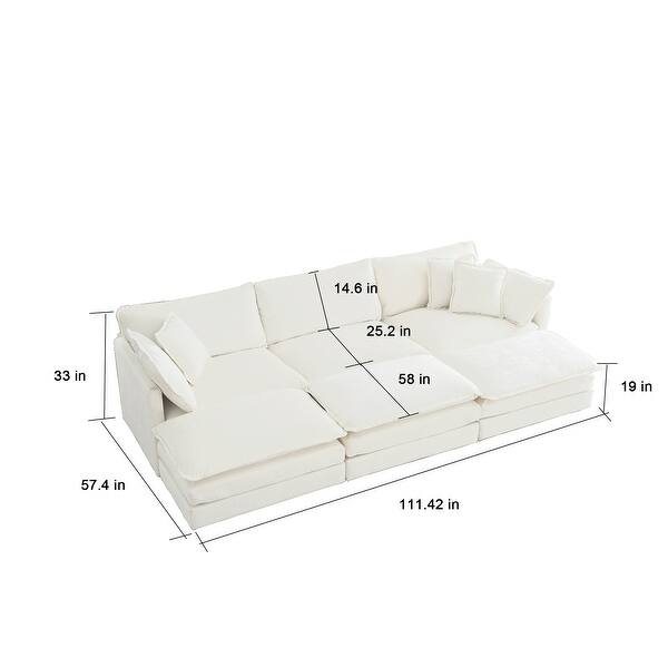 White Chenille Reversible Sectional Sofa Sleeper Couch w/ Pillows On