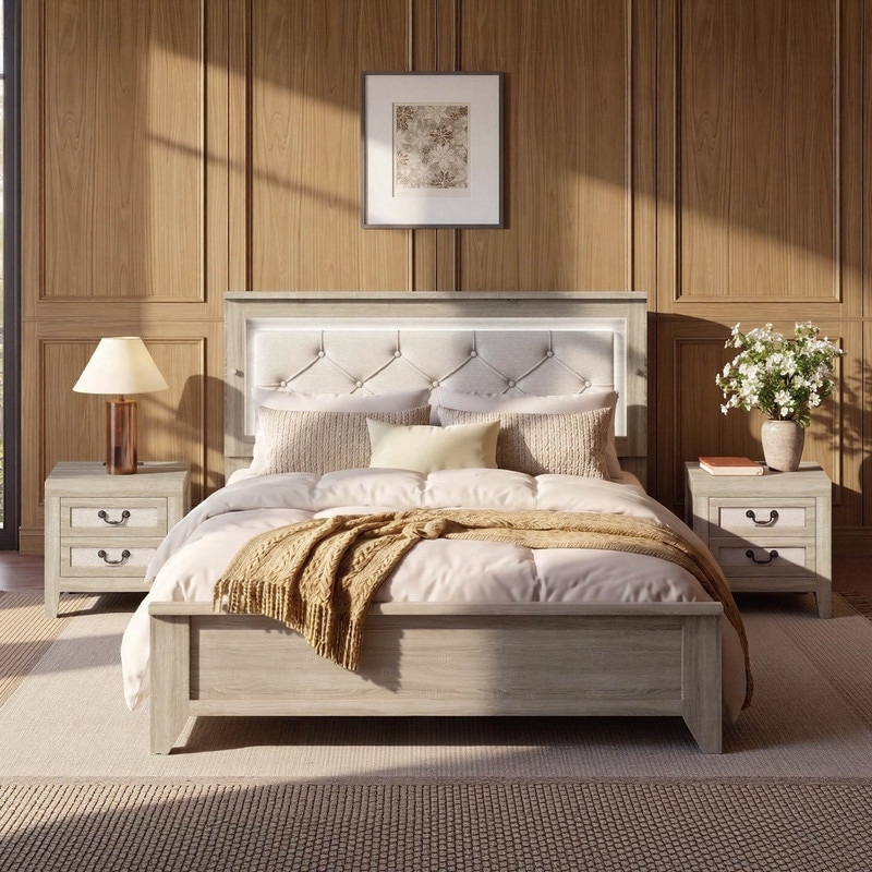 Spruce & Spring Modern Transitional Upholstered Platform Bed with Tufted Headboard