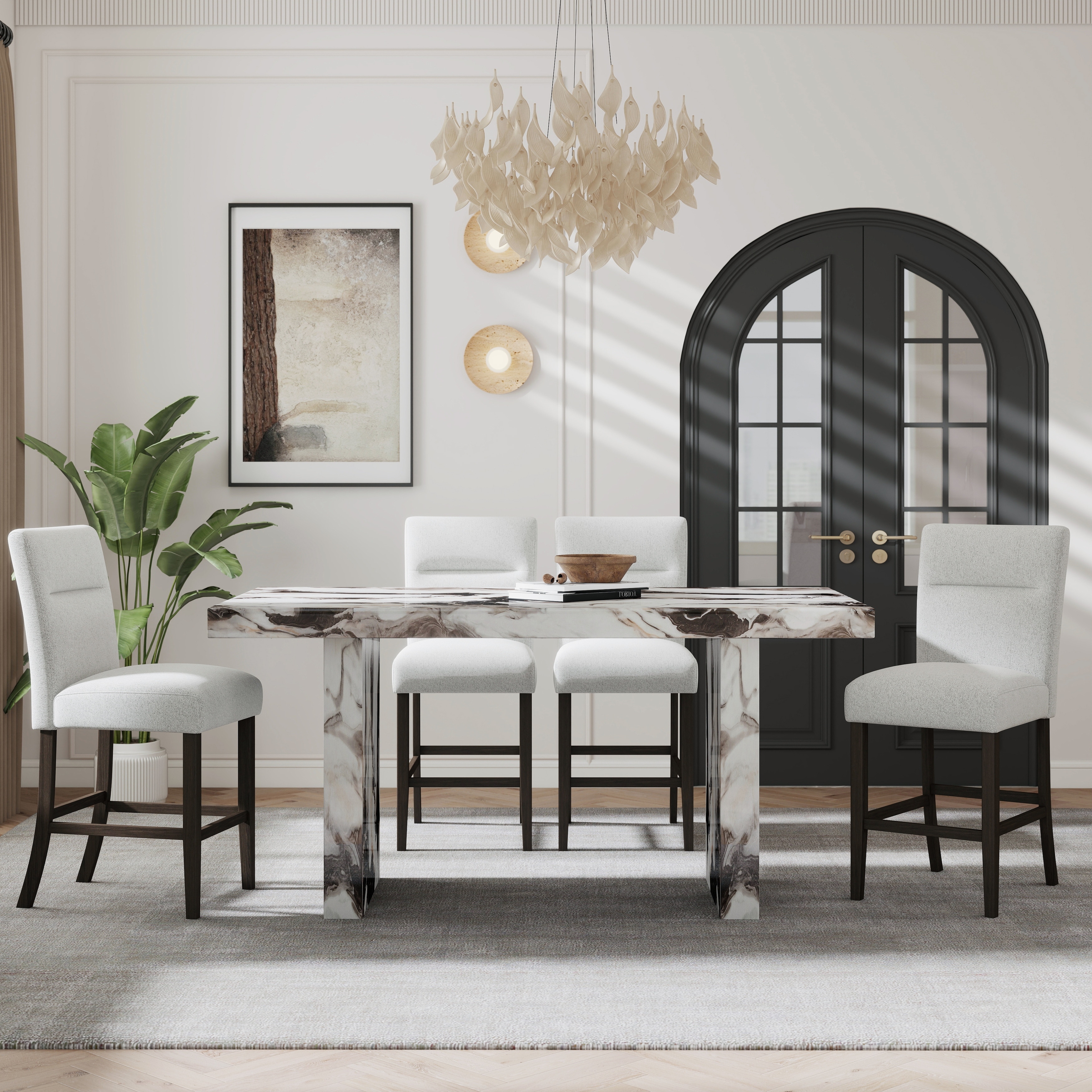 Roundhill Furniture Cavira 5-Piece Modern Faux Marble Dining Set, Counter Height Table with 4 Upholstered Chairs