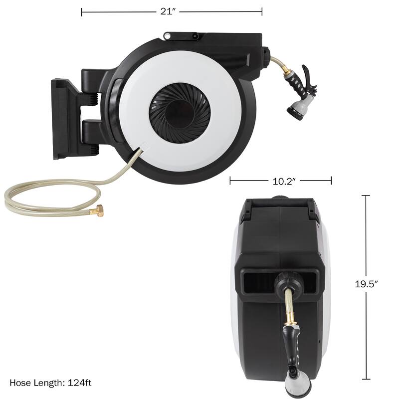 Pure Garden Retractable Hose with 9 Nozzle Patterns - Hose Reel Wall Mount with 180-Degree Swivel Bracket and Auto-Rewind