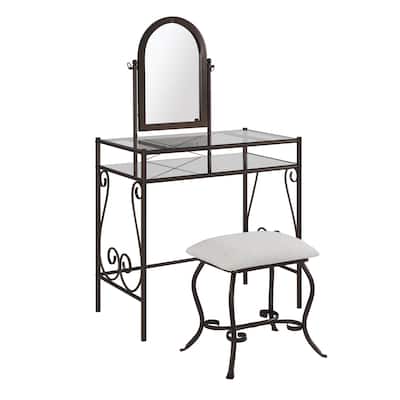 52.25" Gray Vanity Set with Mirror and Upholstered Stool