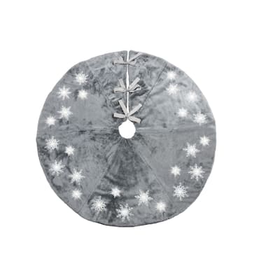 Snowflake Sequin Soft Plush Furry Light Up Christmas Treeskirt Grey 56-Inch Round, Grey