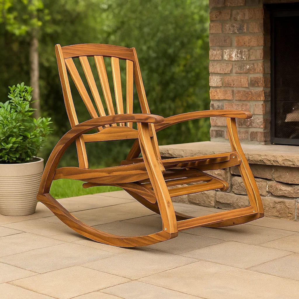 Rizz Outdoor Reclining Rocking Chair, Retractable Footrest, Brown Wood
