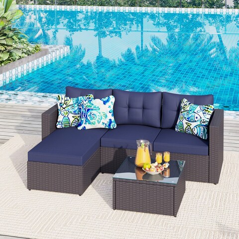Outdoor 5-piece Rattan Wicker Patio Conversation Set L-Shaped Sectional Sofa Set with Cushion