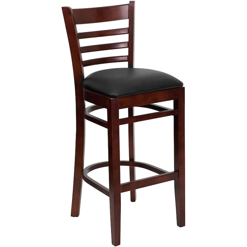 Ladder Back Wooden Restaurant Barstool - 16.75"W x 19"D x 43.75"H - 16.75"W x 19"D x 43.75"H - Black Vinyl Seat/ Mahogany Wood Frame
