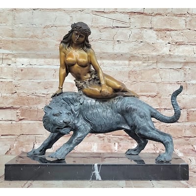 Bronze Jungle Girl Reclining On Tiger Sculpture – Art Deco Style