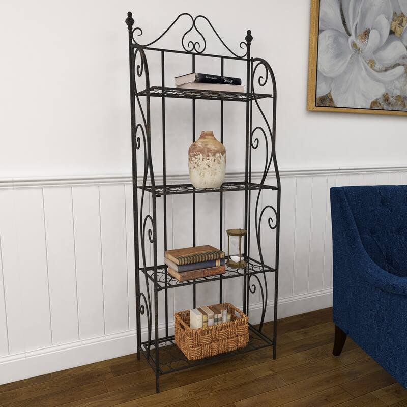 Black Metal Indoor Outdoor Tall Folding 4 Shelf Scroll Bakers Rack