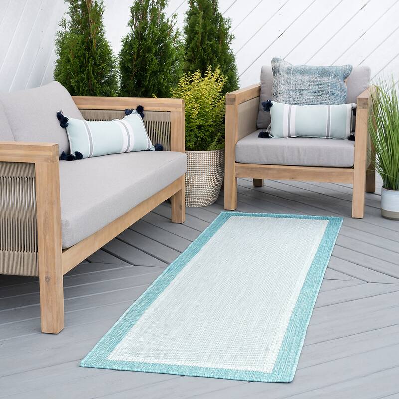Exo Coastal Border Indoor/Outdoor Area Rug - 2'7'' x 9'10'' - Aqua/Cream