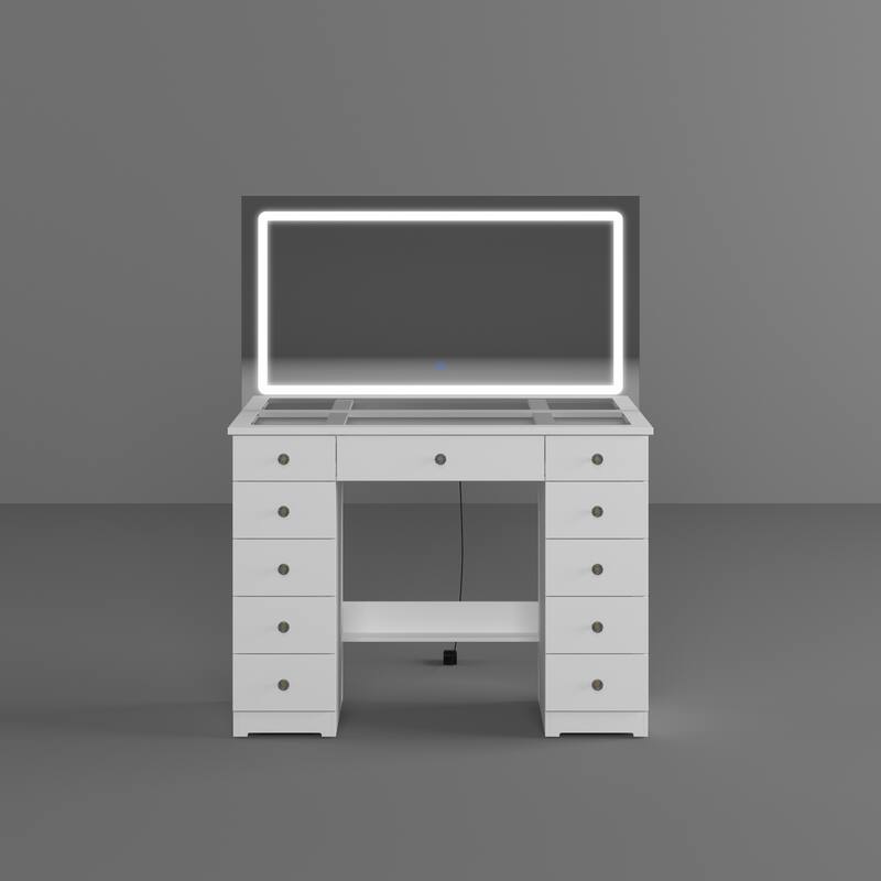 White Vanity Desk with Large LED Lighted Mirror & Glass Tabletop, Makeup Table with 11 Drawers