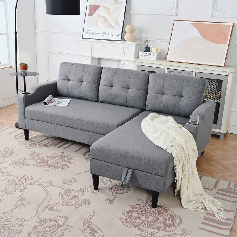 Pull Out Couch, L Shaped Convertible Sleeper Sofa Bed with Hidden Storage, 3-in-1 Upholstered Sectional Sofa with Cup Holder