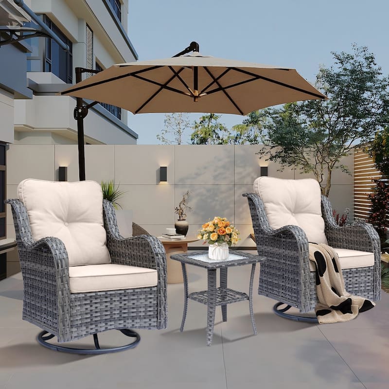 3 Piece Outdoor Swivel Rocker Chairs Set with Cushions and Patio Table - Beige-Gray Wicker