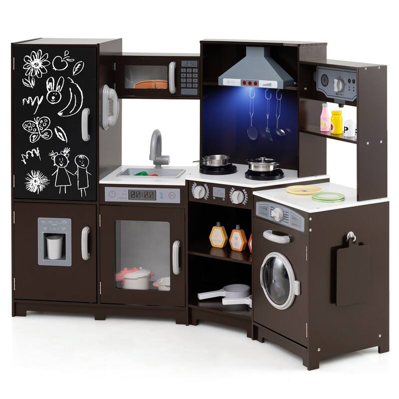 Gymax Corner Kids Play Kitchen Wooden Pretend Toy Kitchen w/ Realistic - Brown