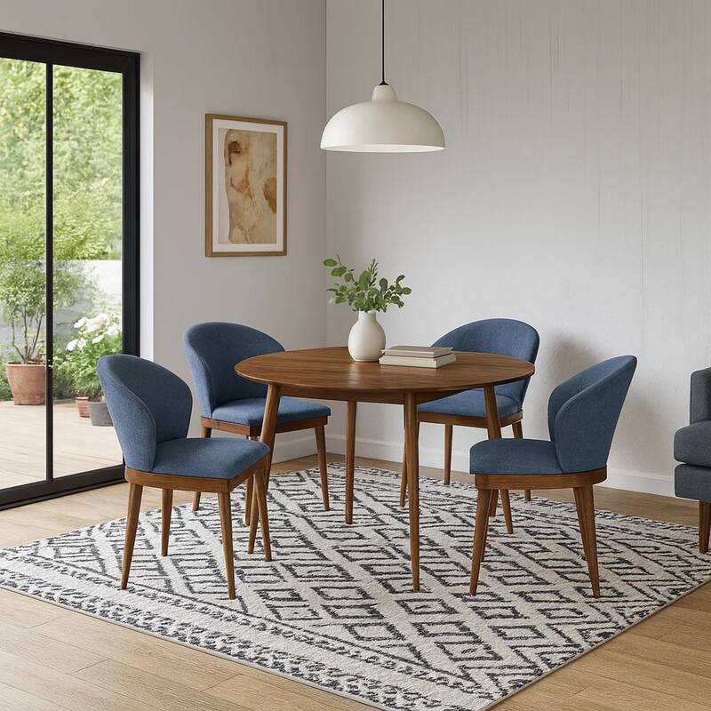 5 Piece Dining Set with Curved Side Chairs, Brown and Blue