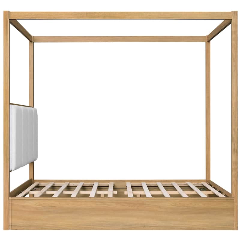 WAMPAT Modern Queen Size Canopy Bed Frame with Upholstered Headboard, Solid Wood 4 Poster Bed, No Box Spring Needed for Bedroom