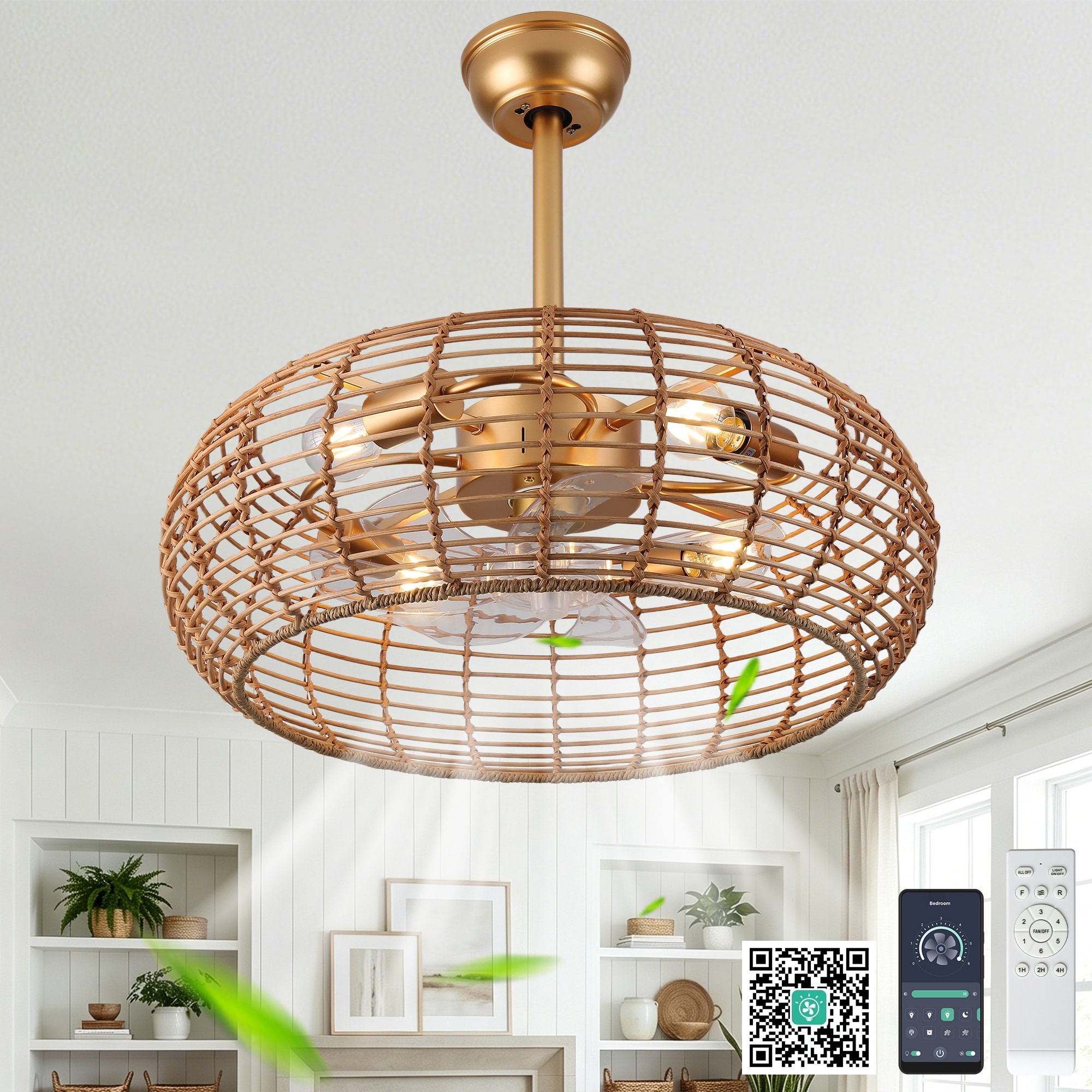Cusp Barn 20" Boho Woven Rattan Caged Ceiling Fan with Lights and Remote Control, 6 Speeds Reversible DC Motor Ceiling Fan