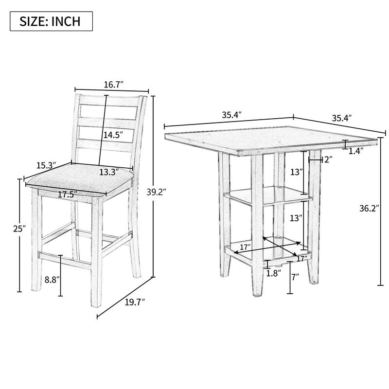 5-Piece Counter Height Wooden Dining Table Set with 4 Chairs & Storage