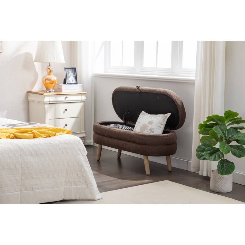 Bedroom Storage Bench, Velvet Oval Upholstered End of Bed Bench with Wood Legs, Modern Storage Ottoman Bench for Entryway