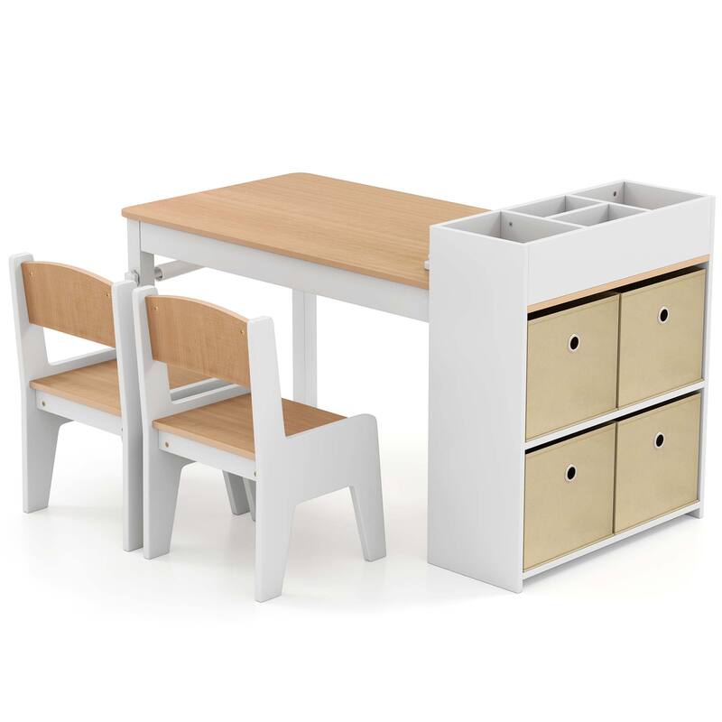 Kids Table & Chair Set Wooden Toddler Activity Desk Set w/Paper Roll - Natural