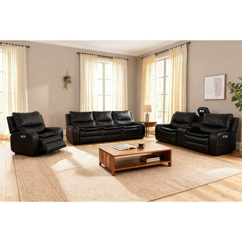 3-Piece Faux Leather Sofa Set with Double Width Seat, Power Recliner, Loveseat & Sofa, Wireless charging and Reading Lamp - Black