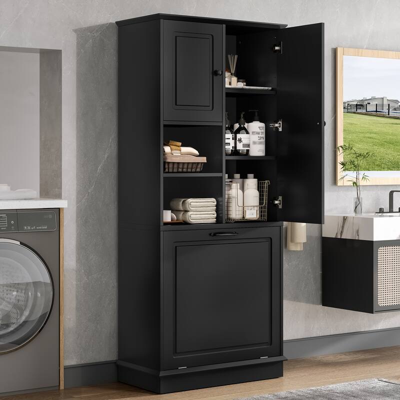 Roomfitters 67" Tall Storage Cabinet with Flip-Out Basket & Adjustable Shelves, MDF Linen Tower for Bathroom & Office