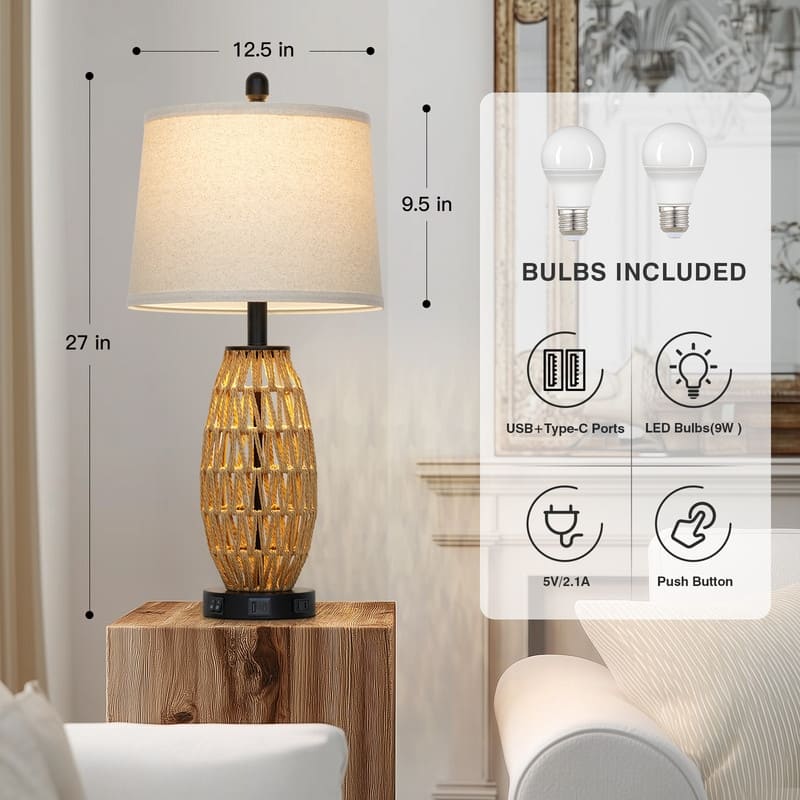 27'' Table Lamps with USB-C Charging, Dual Lighting(Set of 2) - 12.5'' x 12.5'' x 27''