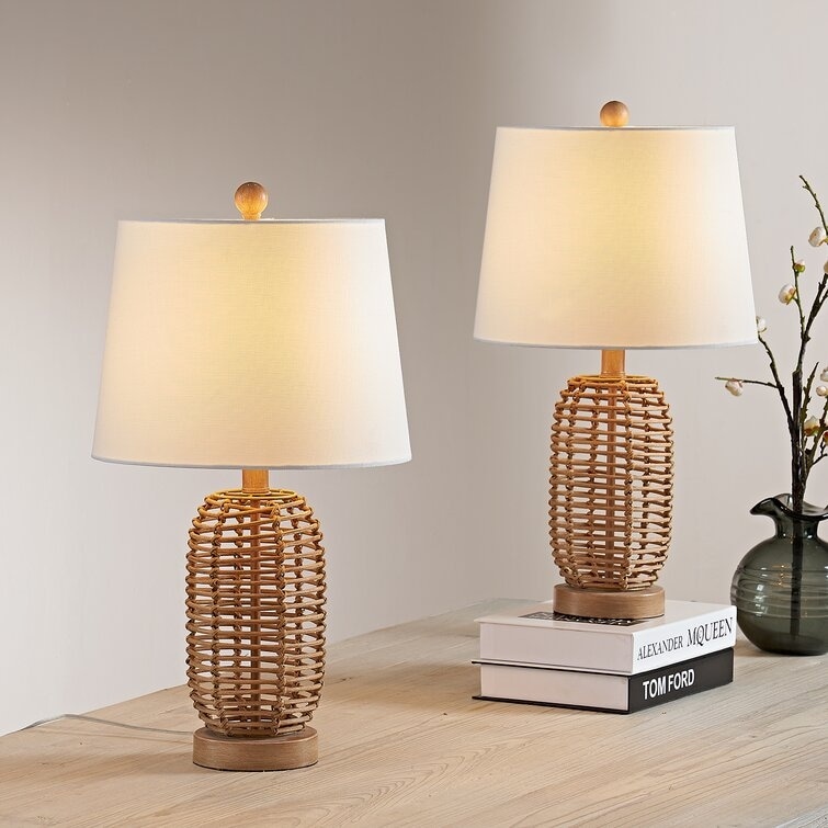 Maxax 21" Bedside Natural Rattan Table Lamp Set (Set Of 2) - 12*12*21