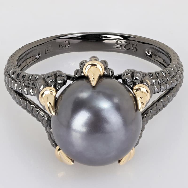 Miadora 10.5-11 mm Cultured Freshwater Pearl Split-Shank Ring in Black and Yellow Silver