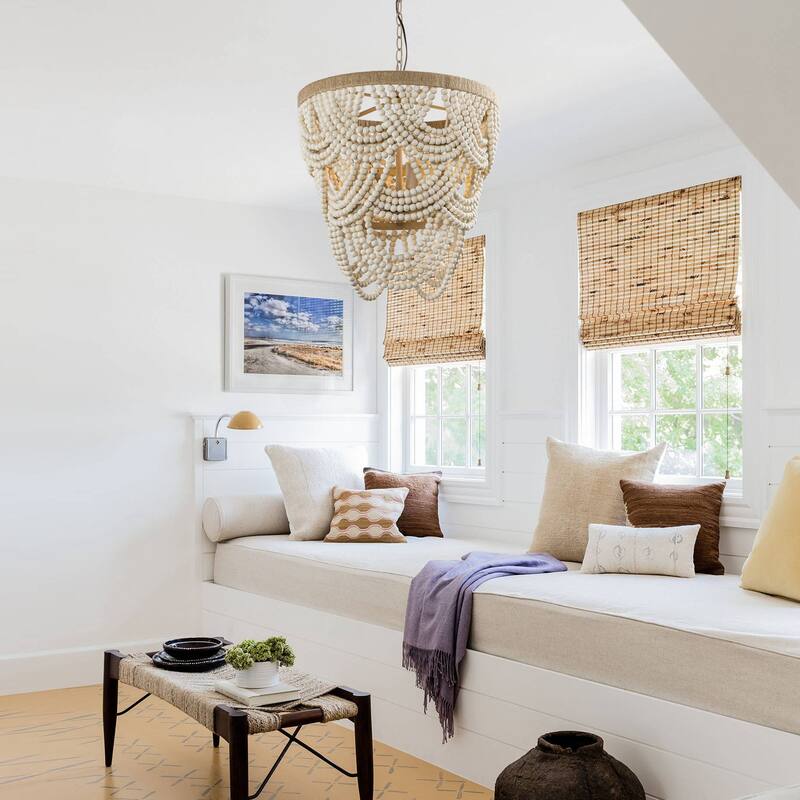 19.7" Bohemian Layered Wood Beads Basket Chandelier Light