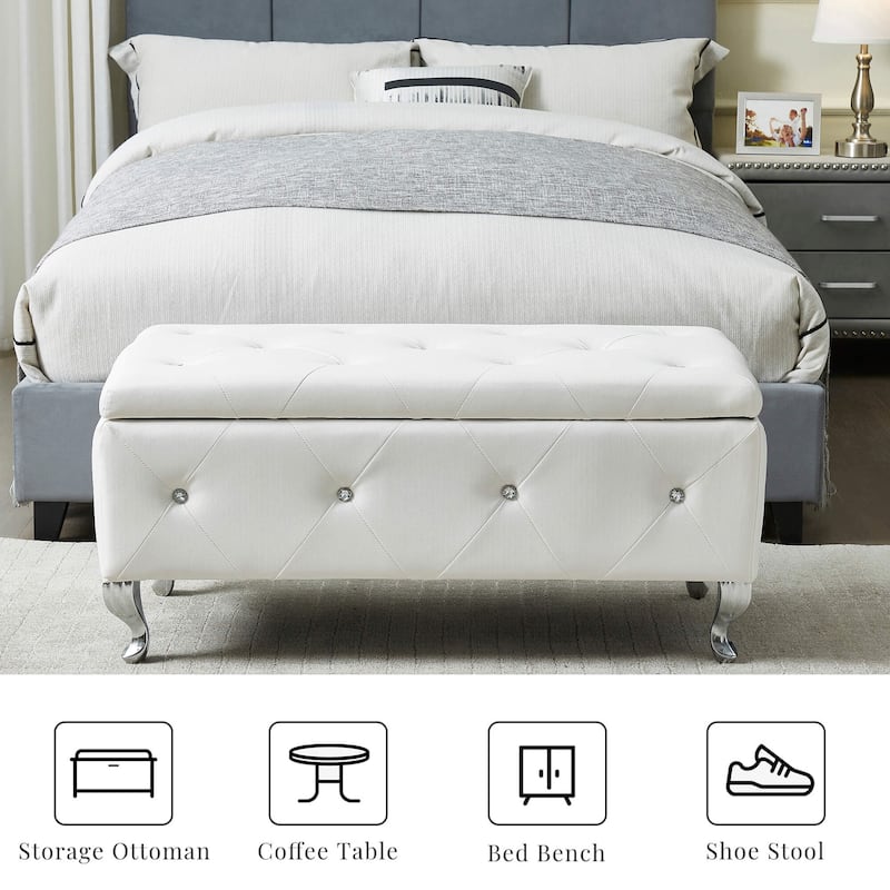 38.5" Storage Bench with 380lb Seating, Upholstered Bed Bench with Wood Legs Safety Hinge