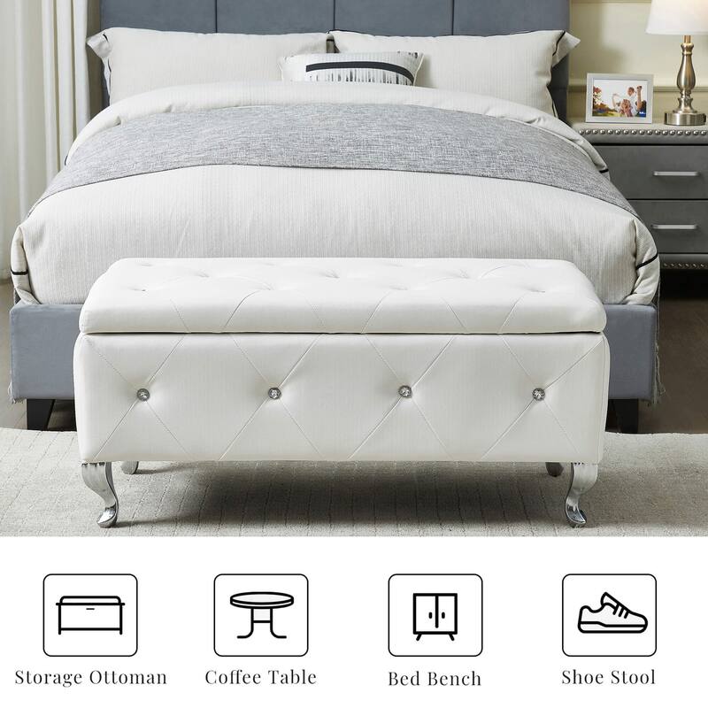 Storage Bench Leisure Stool with Safety Hinged Flap, End of Bed Decorative Bench with Crystal Buttons and Metal Legs